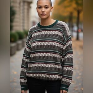 Cotton Traders 100% Cotton 3D Knit Red Green Crew Neck Sweater Mens‎ Size Medium